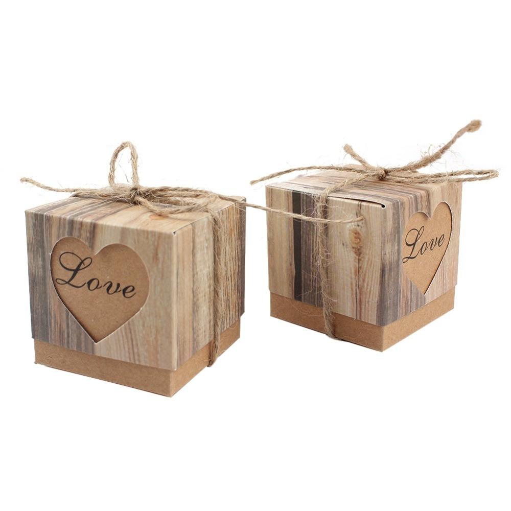 50pcs Romantic Heart Vintage Kraft Candy Box with Burlap Twine for Wedding Decoration