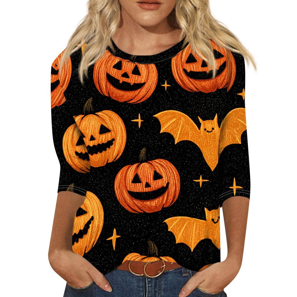 Women’s Casual Halloween Print Crew Neck Three Quarter Sleeve Floral Pattern T Shirt Top for Daily Wear Holiday Party