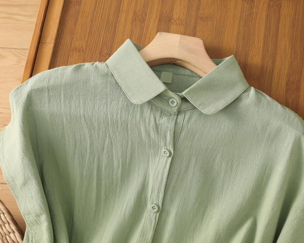 Short Loose Cotton Large Size [ODFMCE] Women's Shirt, Sleeve, Summer, Fit, Linen, Plain, Slimming, Thin, Stylish, Office, (JP, Alphabet, 2XL, Green)