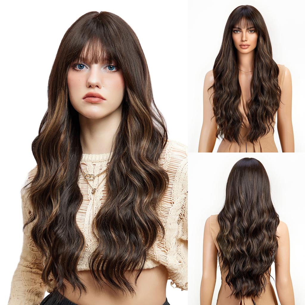 Qi Bangs Platinum Barbie Wind Big Wave Long Curly Hair Fluffy Facial Wig Full Headgear Wig