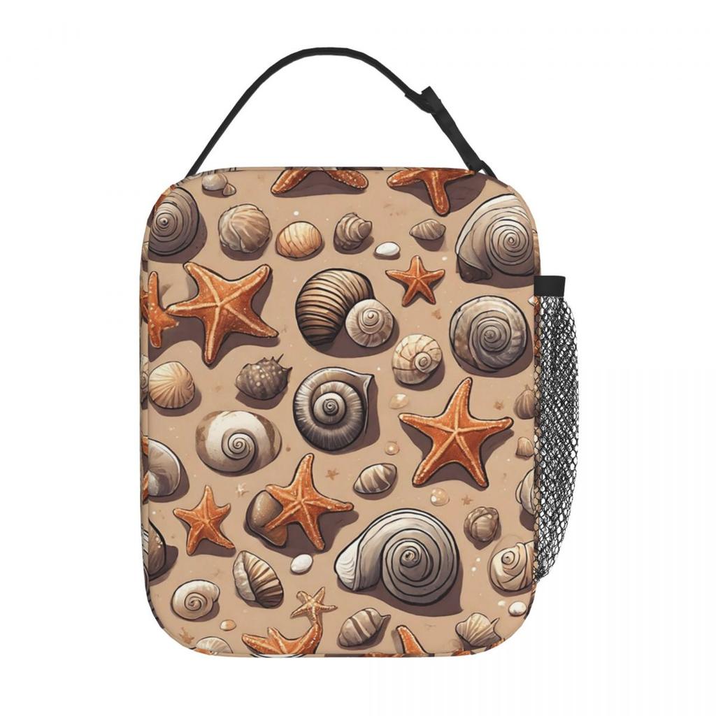 Strandmuschel und Seestern Muster Isolierte Lunchtasche für Damen Kinder Tragbare Lebensmittelboxen Thermische Lunchbox Tragetasche
