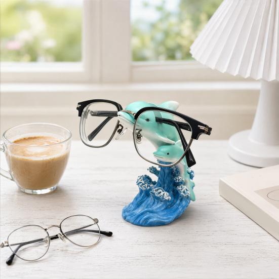 Dolphin Eyeglasses Holder, Coastal Style Glasses Stand with Blue Wave Design, Waterproof Resin Desktop Figurine Ornament for Study Desk Home Office &