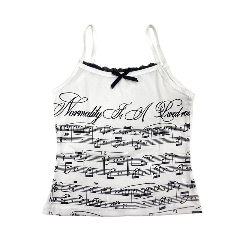 Y2K Note Print Lace Bow Camisole Slim Fit Top Women