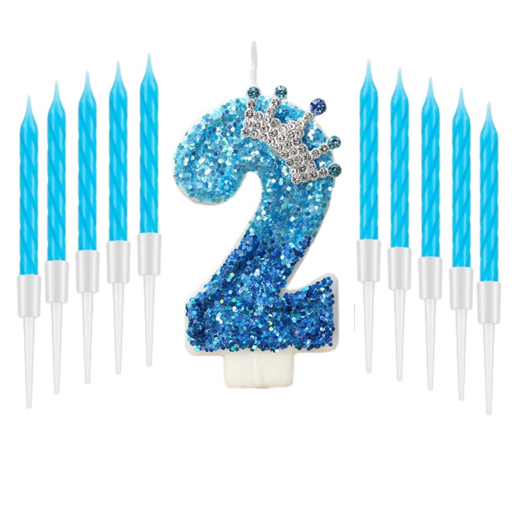 11pcs Blue Birthday 0-9 Candle for Cake,Blue Crown Cake Topper Princess Birthday Party Decorations Cupcake Topper Party Supplies