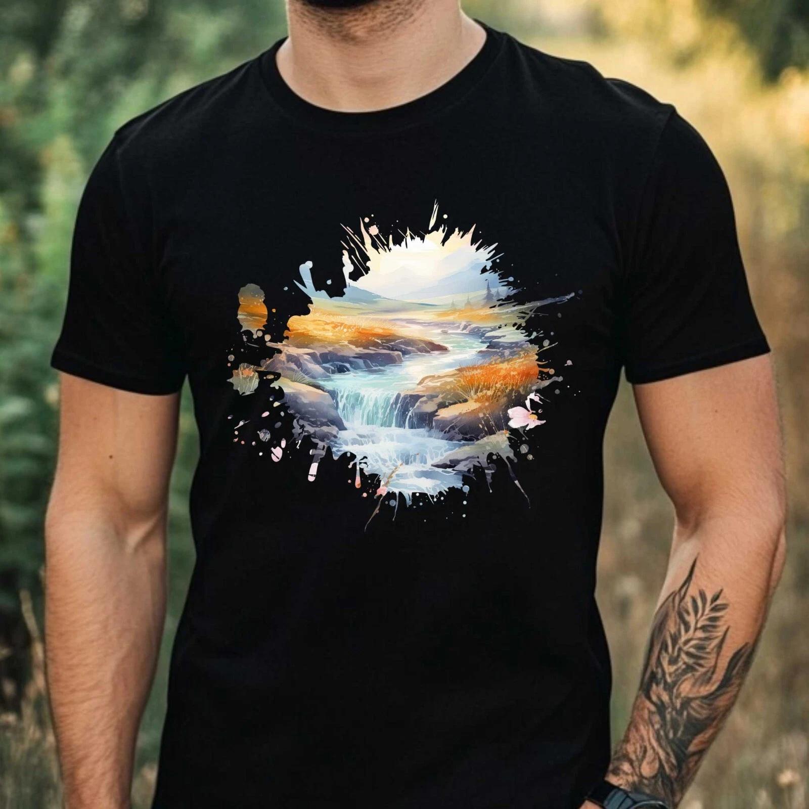 T-Shirt Herren Aquarell Berglandschaft Motiv Baumwolle Größe XS bis 5XL S