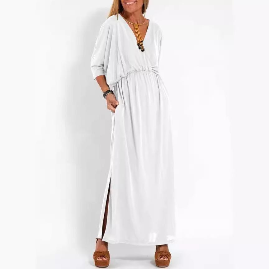 

Black V-Neck Midi Dress with Pockets, 3/4 Sleeves, Fitted Waist, Flowy Skirt S белый