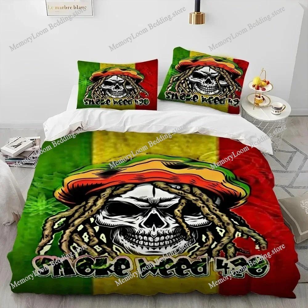 Artwork Unique Maple Weed Plant Green Death Skull Smoke Bedding Set Queen/King Size Duvet Cover Comforter Soft Cozy Home Textile