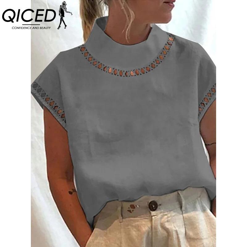 

QICED Женские модные повседневные однотонные блузки и рубашки с принтом и коротким рукавом M серый