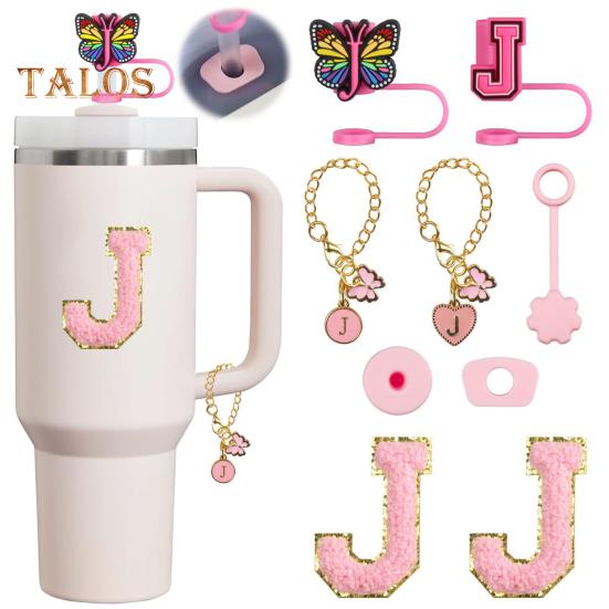 Set de dop de paie portabil de 9 buc. Accesorii pentru paie cu litere, design fluture, pentru cești de 30 oz 40 oz, capace reutilizabile din silicon pentru capace de paie.