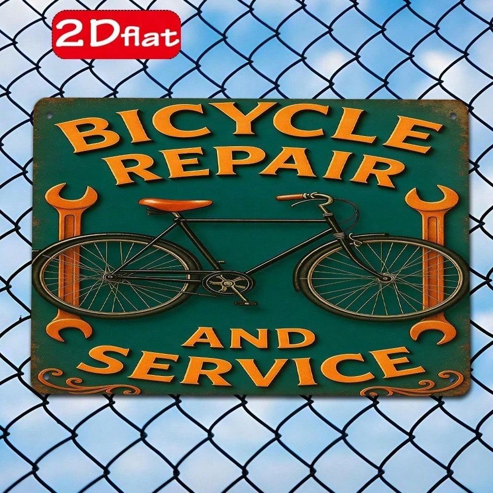 Bicycle Repair Service Sign, 7.87x11.81 Outdoor Wall Plaque, 2D Flat Cycling Decor for Study Studio