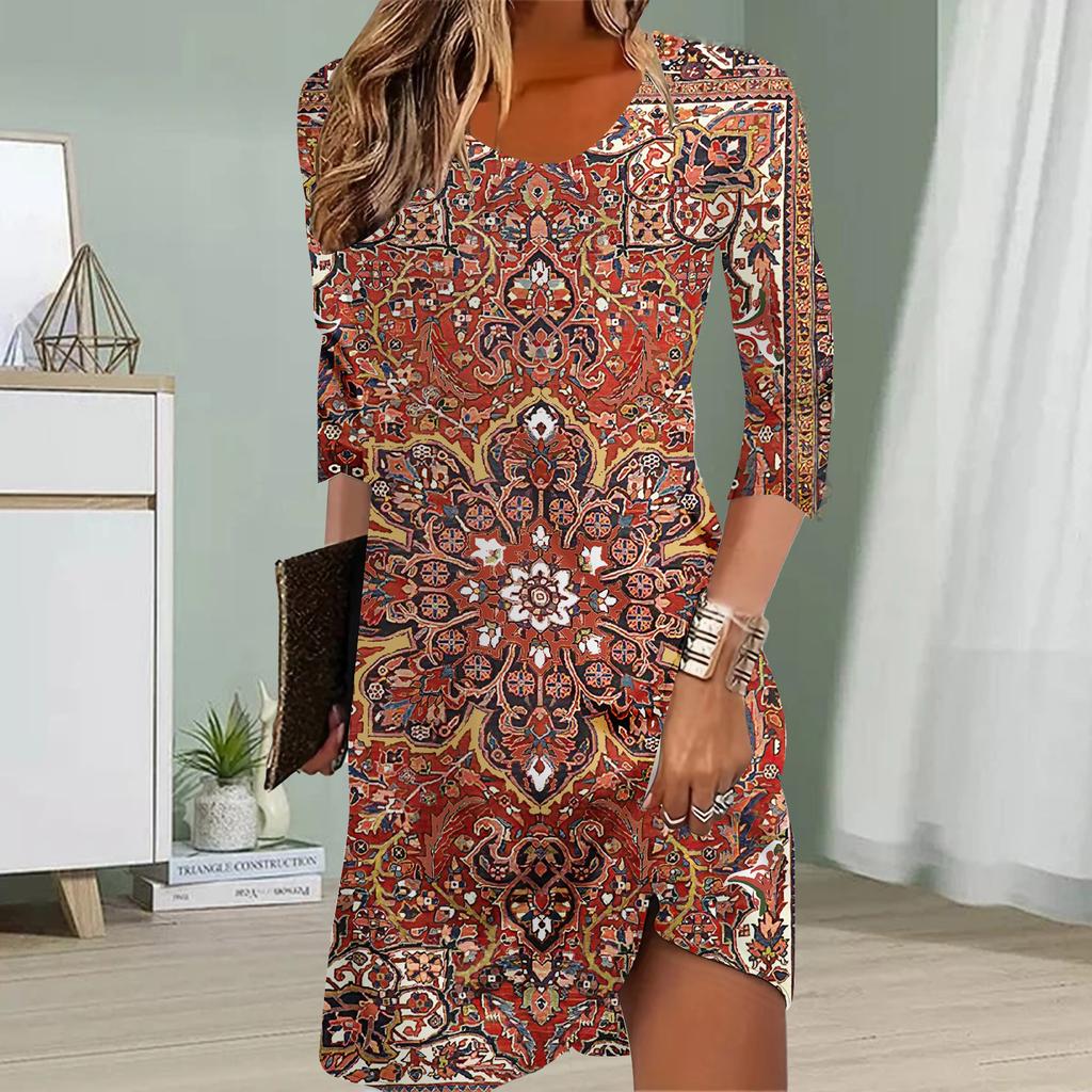 Women Casual Dress Autumn Classical Totem Print Dresses For Women O-neck Short Sleeve Dress Plus Size