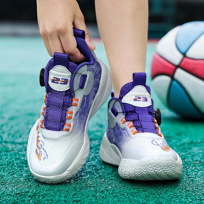 Autumn mesh lace-up-free boys' sports shoes, new rotating button, medium and large children's breathable primary school basketball shoes
