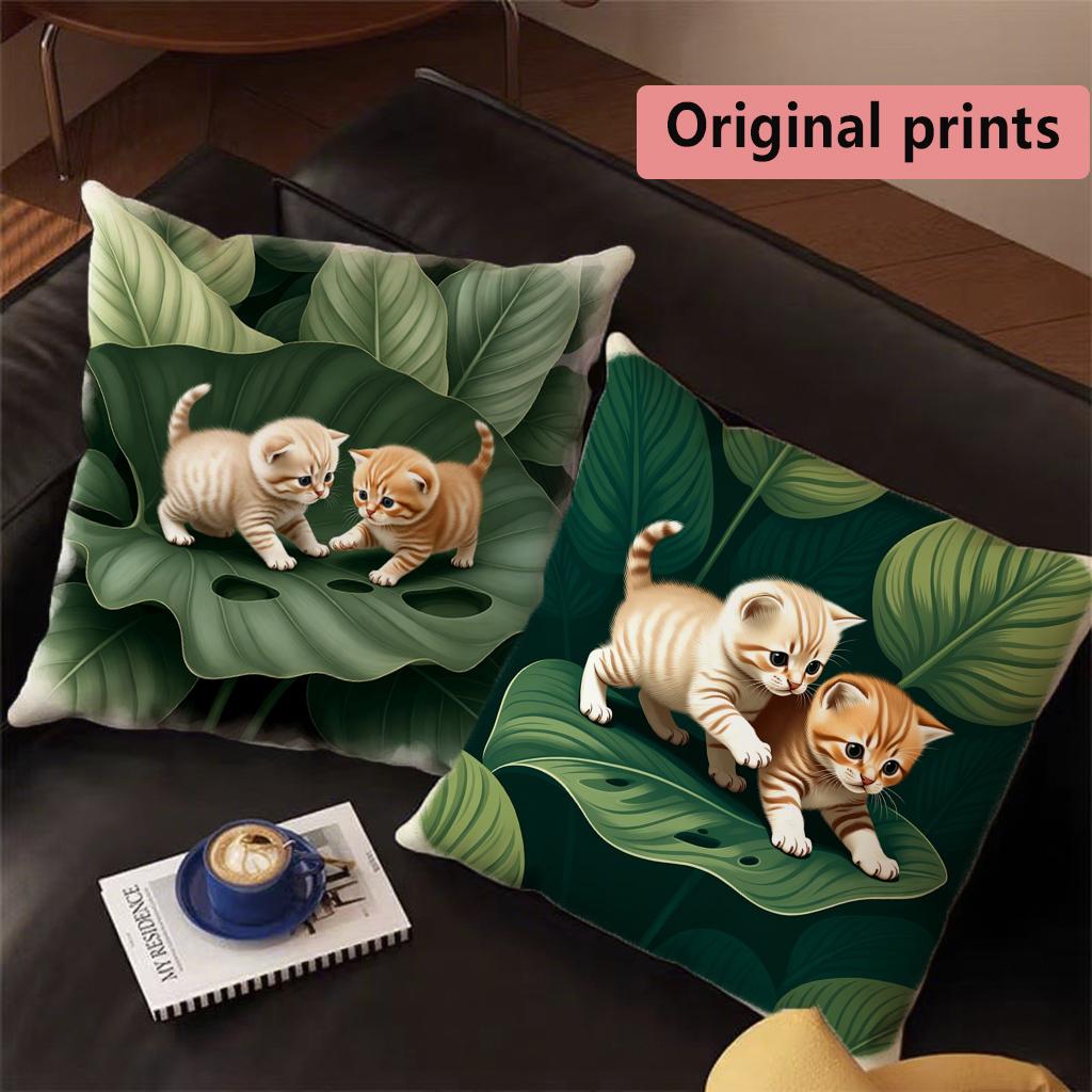 Cute Kittens Tropical Leaves Throw Pillow Covers Pattern Cushion Cover Suitable For Sofa Bedroom Car Pillow Cover