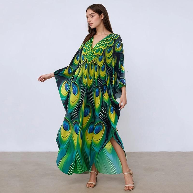 XITAO Batwing Sleeve Print Contrast Color Pullover Dress GJ1143