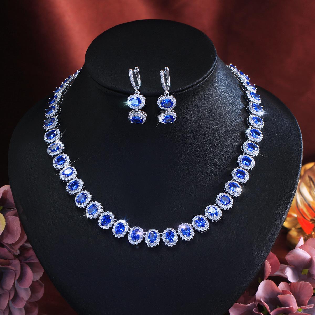 European And American Fashion Blue Gemstone Bridal Banquet Necklace Earrings Two-Piece Set Necklace Earrings Dress Party Accessories