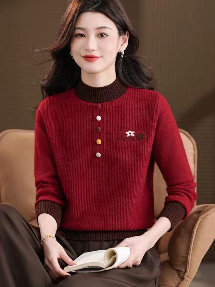 2025 Elegant Alpaca Wool Round Neck Long Sleeve Knit Sweater for Women - Stylish Mom's Top