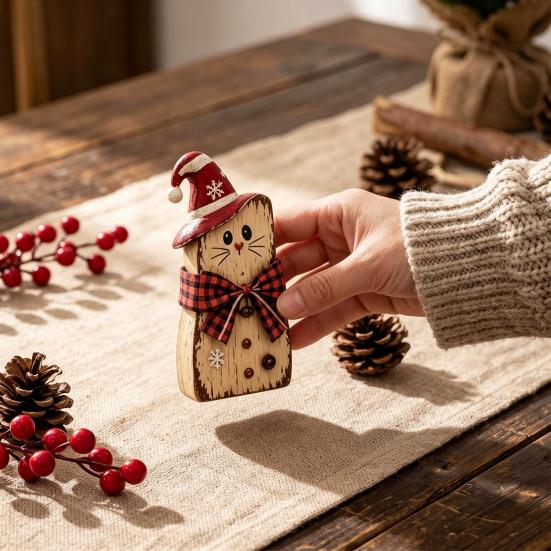 Poplar Plywood Holiday Gifts Christmas Wooden Tabletop Figurine, Hand Painted Santa Reindeer Cat Decor, Rustic Farmhouse Style Wood Ornaments Statues