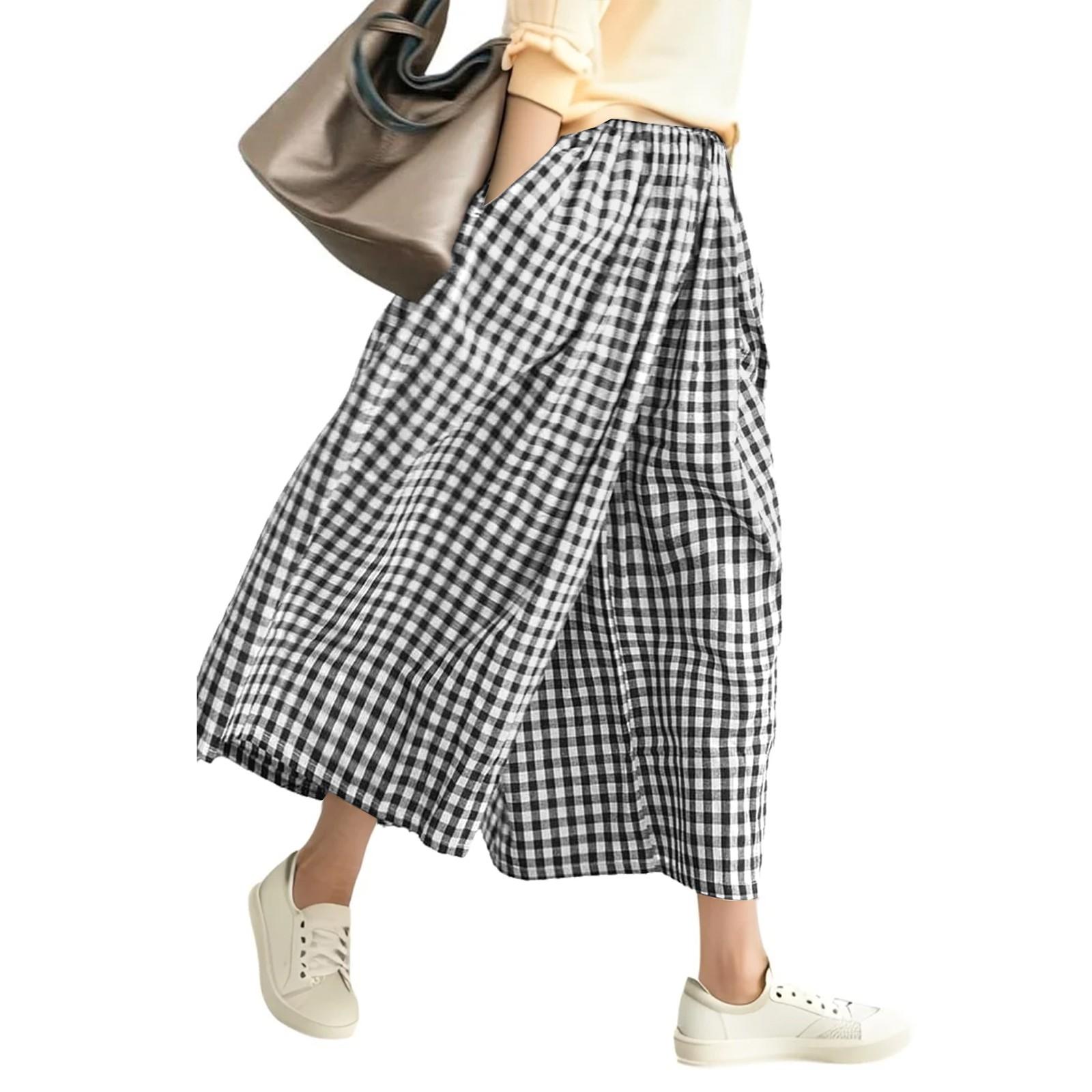 

Fashion Pants Loose Wide Leg Cropped Pants Women s Plaid Pants Shorts Pocket Pants Plaid Pants With Tops S