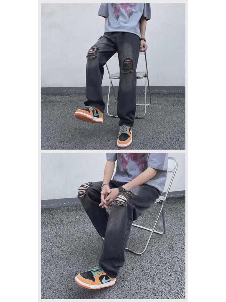 Men's Summer Korean Straight Casual Pants - Retro American Style Ripped Jeans