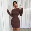 2025 European and American Fashion and Sexy Pleated Slim-fitting Long-sleeved Hip-wrapped Diagonal Neck Solid Color Dress Women's Clothing