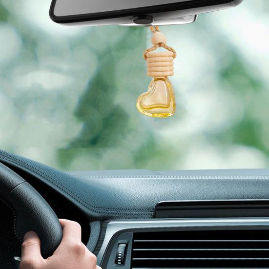 6ML Car Refillable Perfume Bottle Decoration Colorful Love Heart Shape Wood Lid Clear Glass Aromatherapy Essential Oil Empty Bottle Hanging Pendant