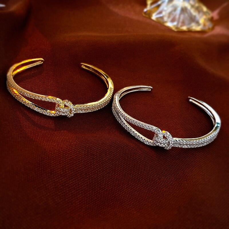 Elegant Zircon Cuff Bracelet Gold Plated Copper Knot Opening Bangle Minimalist Women's Wedding Party Jewelry