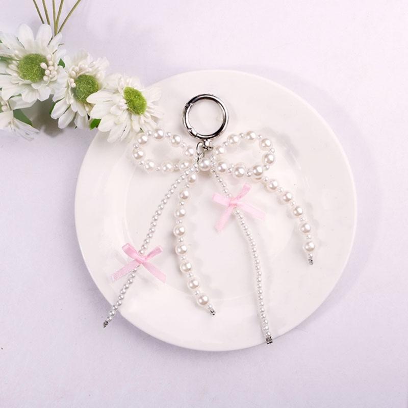 Bowknot Shaped Keychain Pendant Pearls Beaded Butterfly Knot Key Chain Fashionable Bow Ornament for Phones Car Key Bag