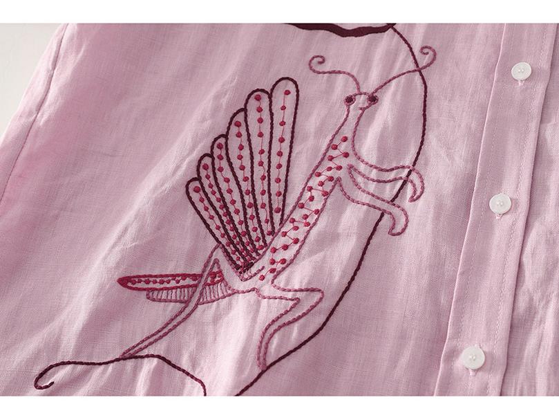 Spring Luxury French Chic Pink Embroidered Long-Sleeve Women's Shirt