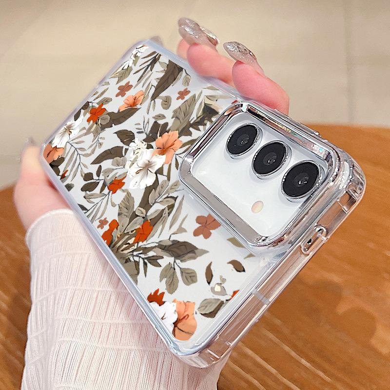 Plating Lens Petal Leaves Flower Case For Samsung Galaxy S24 S23 S22 Ultra S21 S20 FE A34 A52 A53 A14 A15 A25 A35 A55 A54 5G