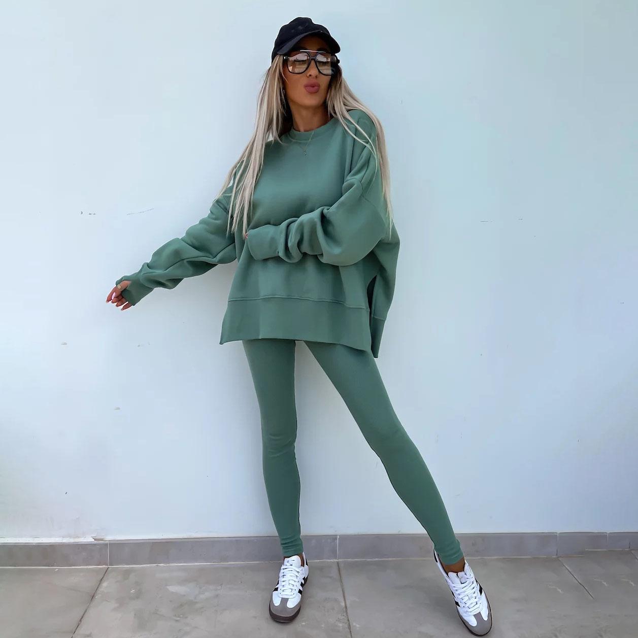 

Женский однотонный костюм с длинным рукавом и круглым вырезом, свободный топ, широкие брюки, осень-зима L зелёный