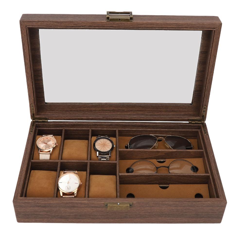 Black Walnut Wooden Watch Box PU Leather Watch Glasses Display Box  Office Use