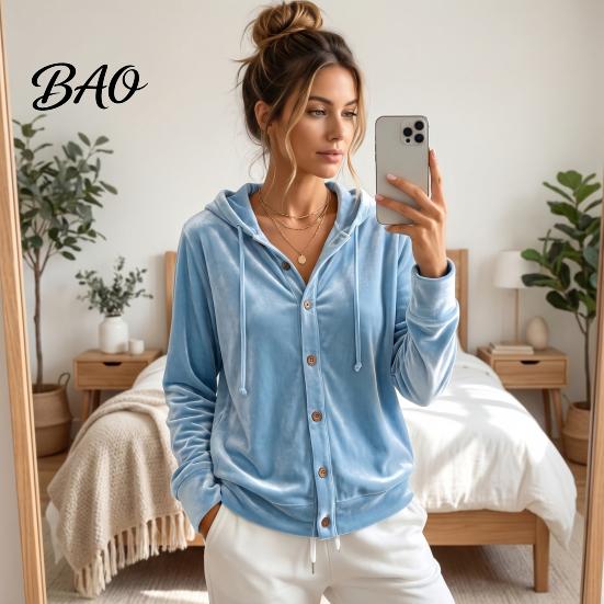 Soft Velvet Clothing Women Button Front Hoodie, Long Sleeve Hooded Jacket, Loose Fit Jacket Casual Drawstring Coat for Autumn Winter Outerwear