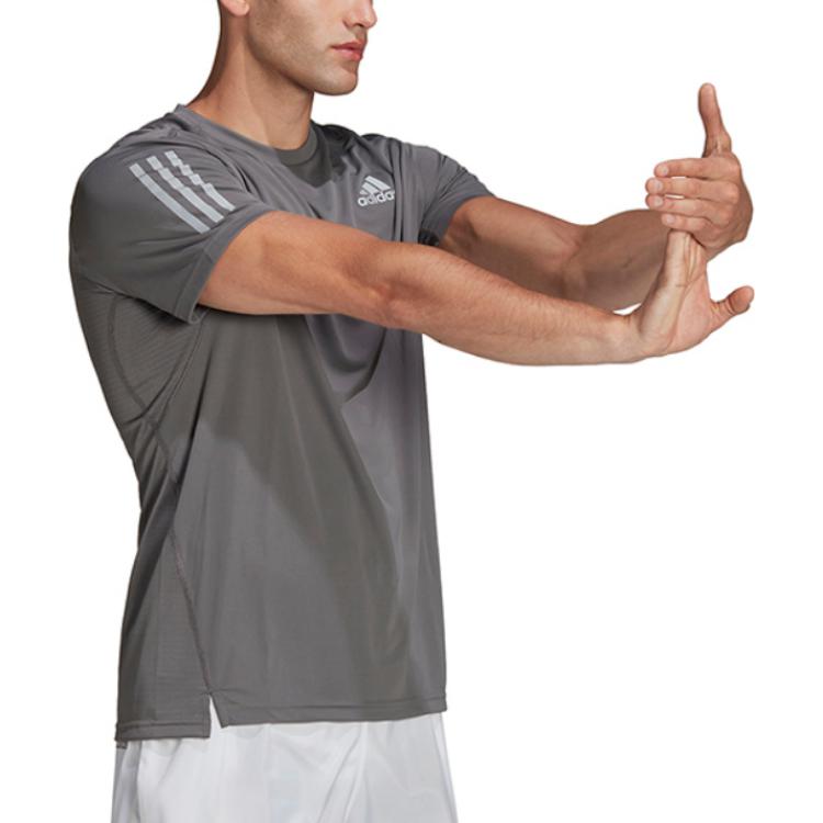 Adidas Fitness Training Breathable Logo Stripe Sports Short Sleeve T-Shirt Men Tops Grey HB7430