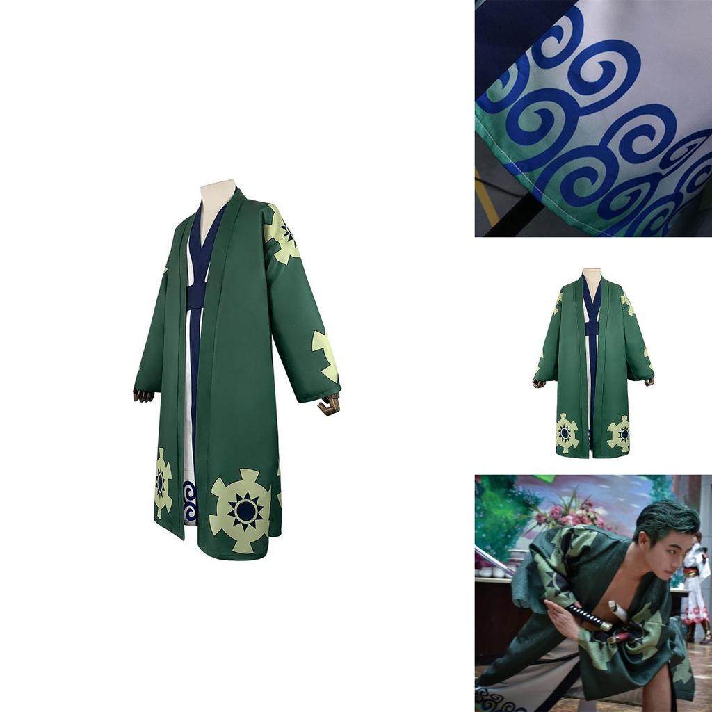 One Piece Roronoa Zoro Cosplay Kostüm Hochwertiger Kimono Robe Vollanzug für Halloween und Themenpartys
