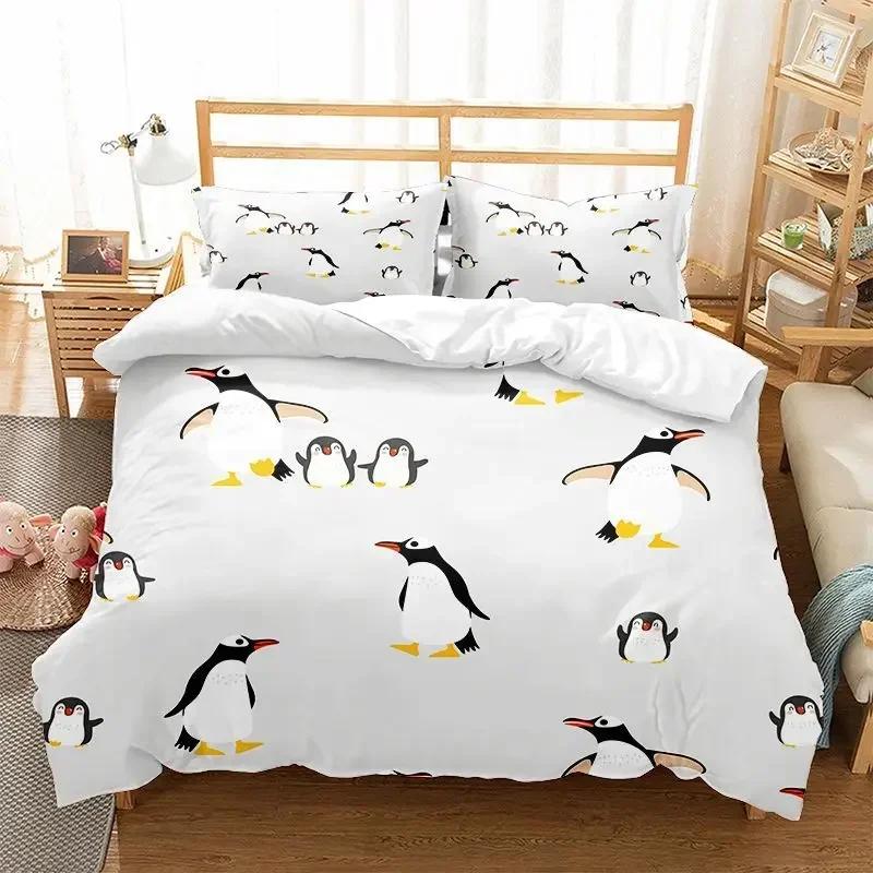 Cute Penguin Cartoon Animals Comfortable Duvet Quilt Cover Pillowcase Bedding Set Children Bedroom Decoration Home Textile