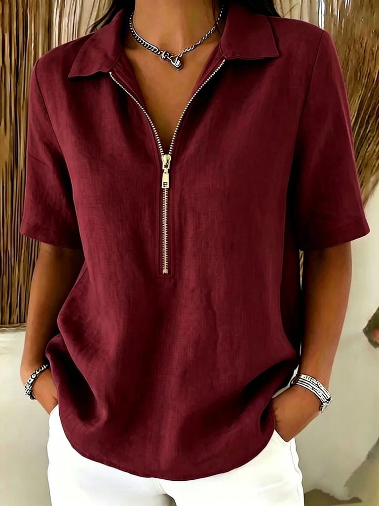 Women Casual Solid Color Lapel Zip Half Sleeve Fashion Blouse