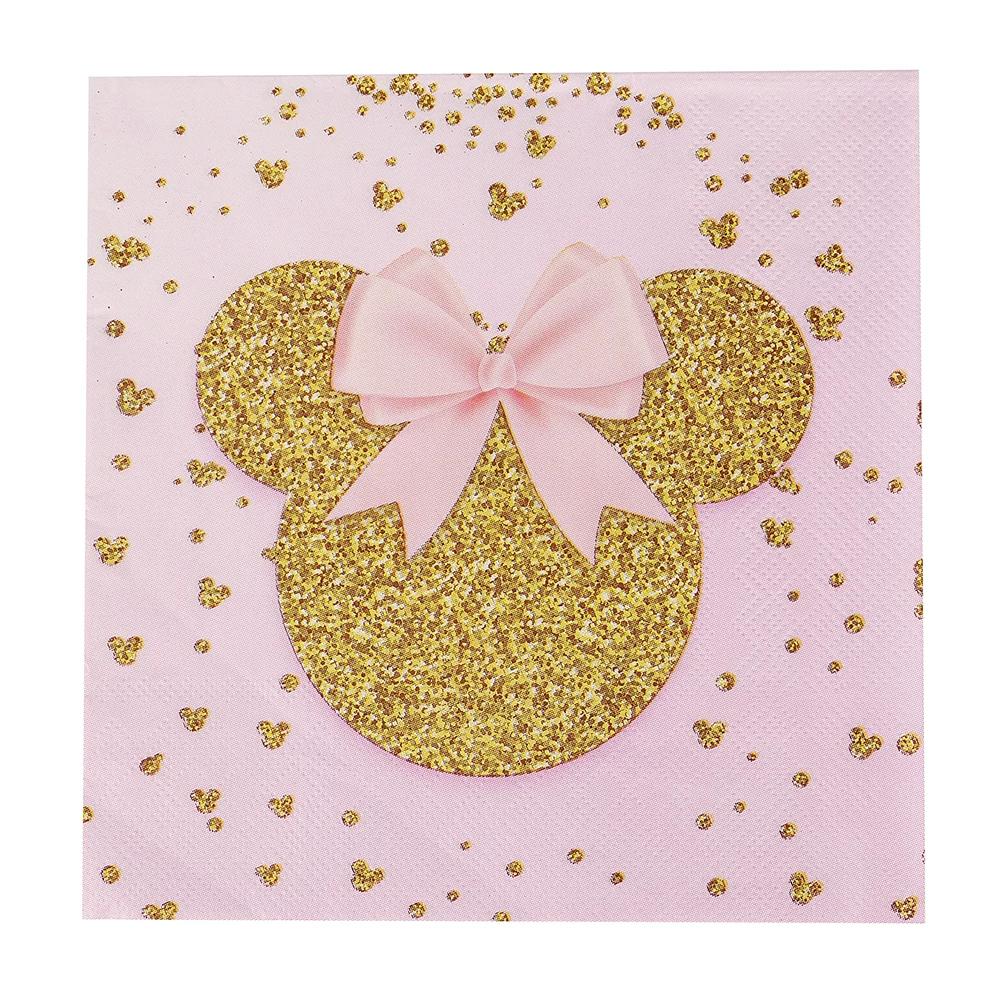 Birth Date Celebration Supplies Collection Minnie Mouse Style Pink Gold Glitter Disposable Utensils Children Birth Date Tableware Decor Favors