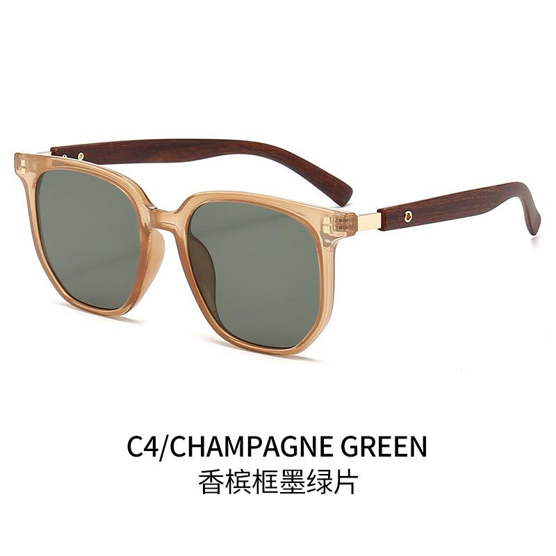 Tea-colored sunglasses for women, retro-style with faux wood grain frames, suitable for round faces, TR material, sun protection