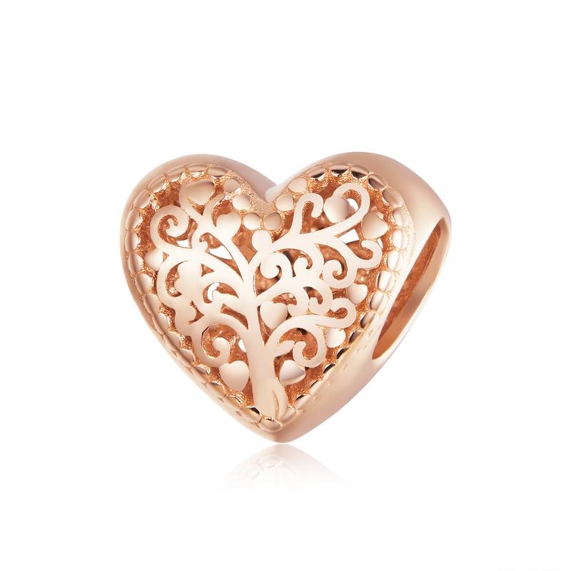 BISAER 925 Silver Rose Gold Charm Bead Heart Flower Pendant For Girl Bracelet DIY Mother's Day Birthday Fine Jewelry