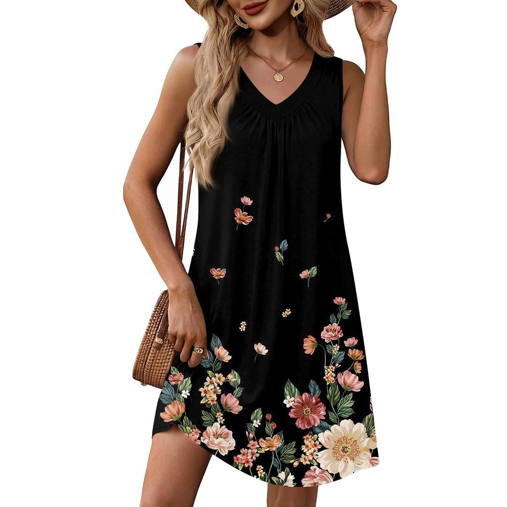 Women's Fashion Printed Summer Sleeveless V-neck Tank Top Pocket Casual Loose Dress