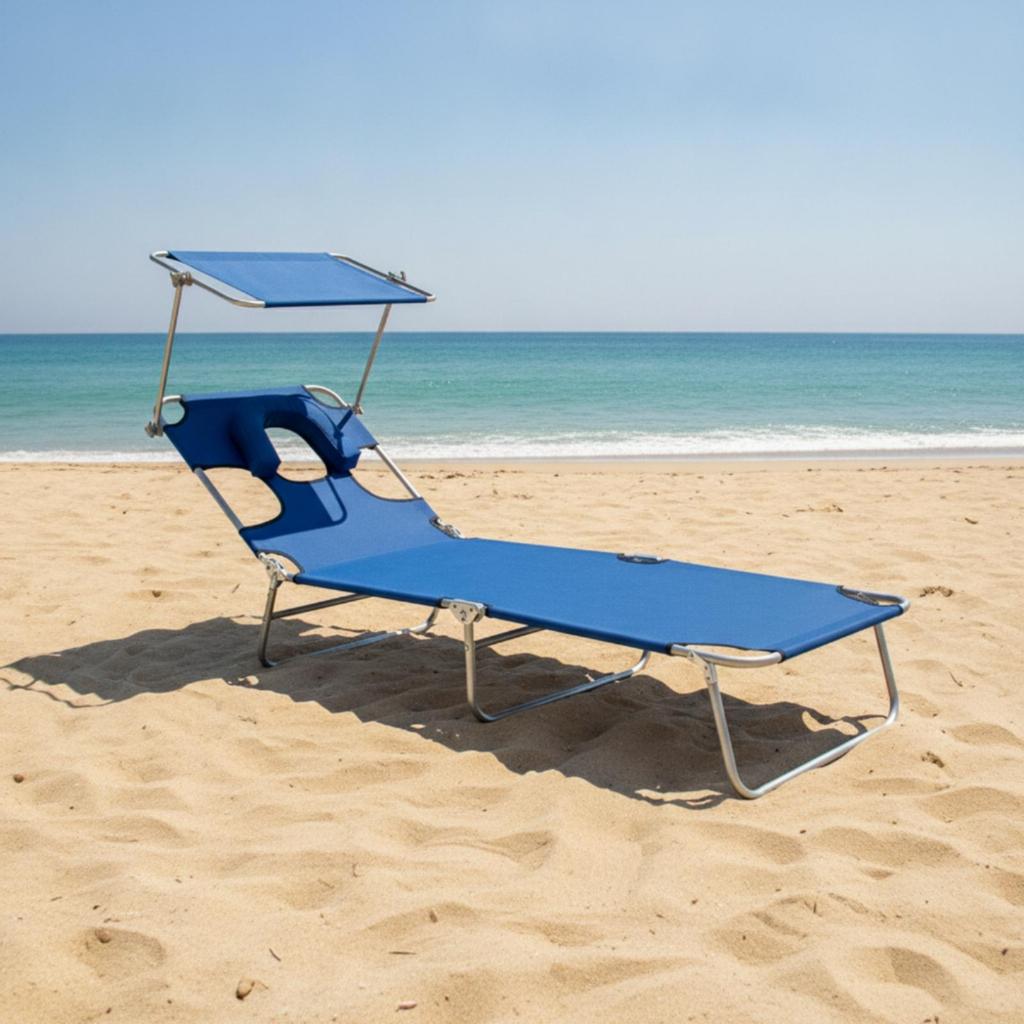 Camp Bed Sturdy Portable Lounge Chair with Sun Cover for Camping, Waterside