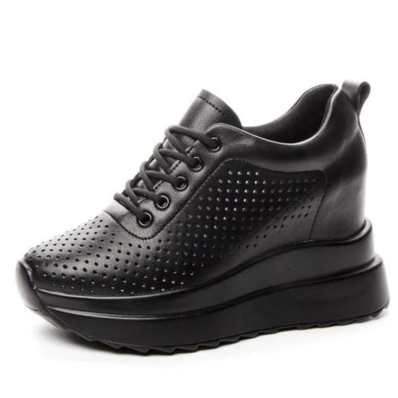 Fashion Hot quality10cm Genuine Leather Vulcanized Platform Wedge Casual Women Summer Shoes Fashion Sneakers Hollow Heels Increase Shoes
