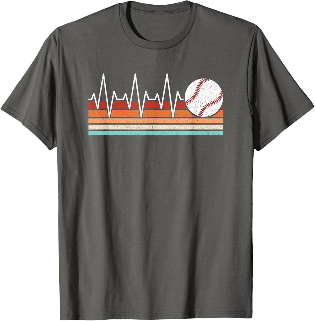 Baseball Heartbeat EKG Life Retro Graphic Tee Breathable Cotton Short Sleeve T-Shirt For Men And Women