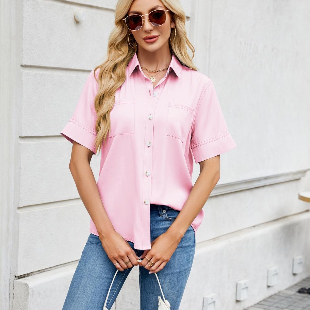 Women's Short-sleeved T-shirt Spring and Summer New Shirt Row Buckle Imitation Denim Short-sleeved Loose Shirt