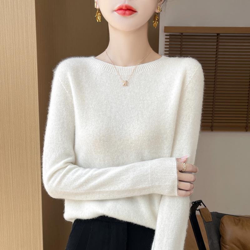 Women's Solid Color Wool Knit Pullover Sweater for Fall and Winter