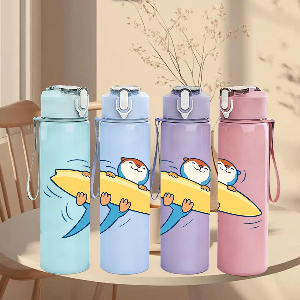 1PC Shark Surfboard Wave Action Cartoon 750ml Color Plastic Sports Water Bottle Leakproof Flip Straw Lid Suitable for Sports Office Home Use