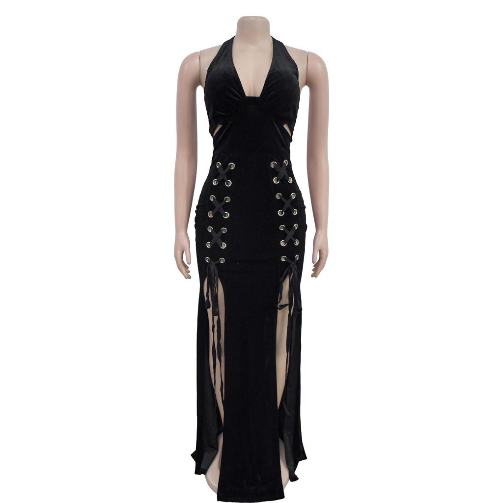 Women's Halter Backless Sexy Slit Long Dress - European and American Fashion