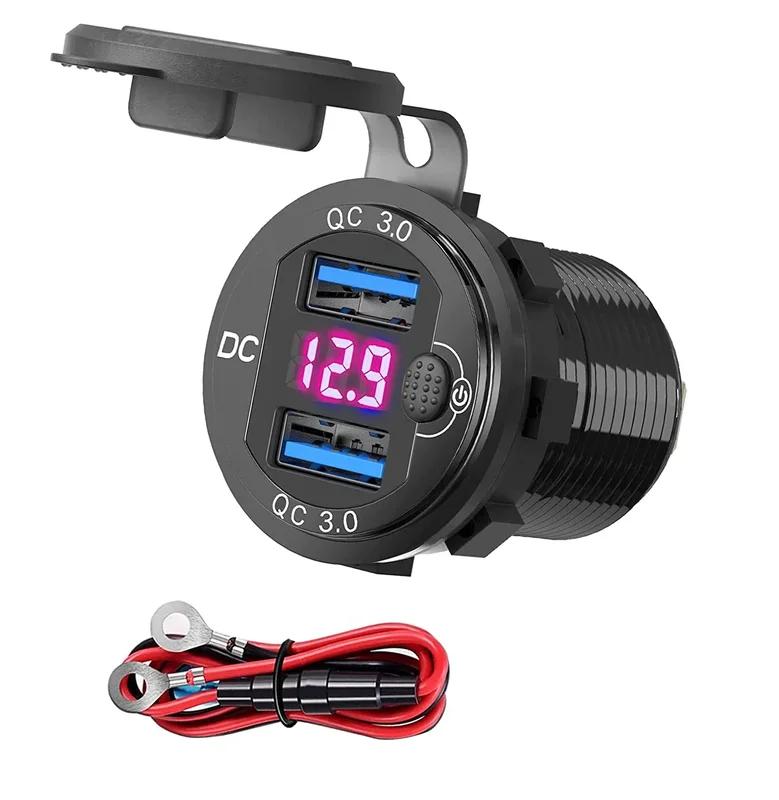 USB Car Fast Charger Socket Dual Qc3.0 Quicker Charger Adapter with Switch for 12-24v Marine Motorcycle Truck