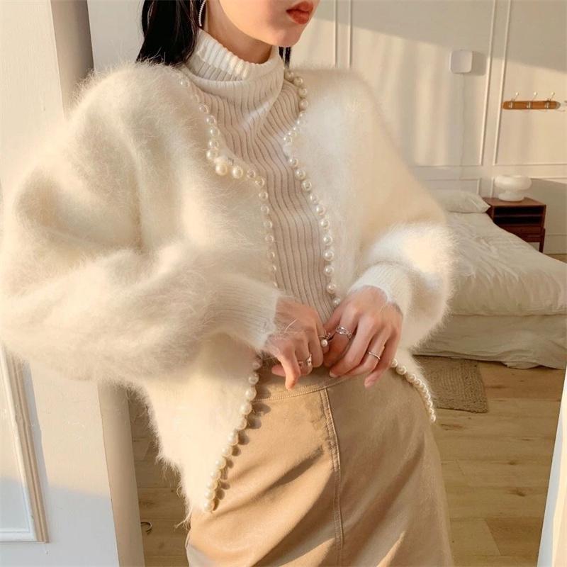 Herbst Winter Mode Damen Perlenstrick Laternenärmel Nerzfleece Pullover Cardigan Jacke Damen Oberbekleidung