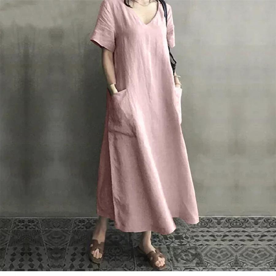 Creative Style Summer Bohemian Chinese Style Retro Women's Cotton Linen V-Neck Loose A-Line Dress